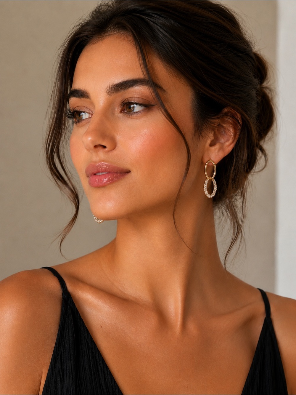 Gold Double Hoop Drop Earrings with Pavé Accent - Women’s Jewelry
